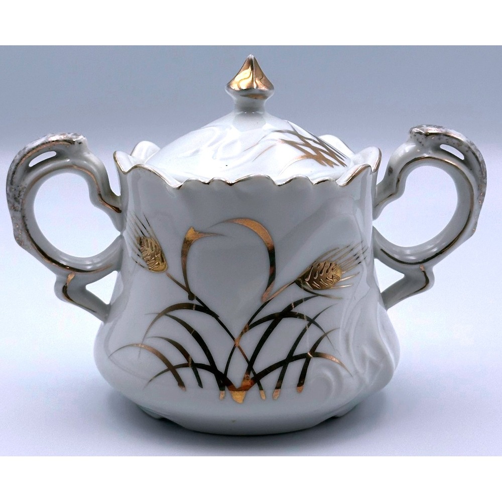 VTG Lefton China Hand Painted Sugar Bowl with Lid NE20595 Gold Wheat Print Japan